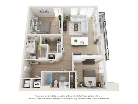 Floor plan for 2 beds, 2 baths, 1134 sqft